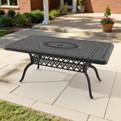66.93" x 37.4" Outdoor Patio Rectangular Cast Aluminum Dining Table with Umbrella Hole for 6 Person