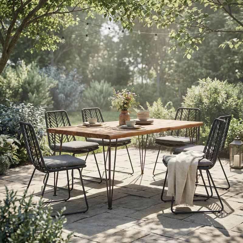 Christopher Knight Home - Mid-Century 7-Piece Acacia Wood & Rattan Outdoor Dining Set - Teak+ Black