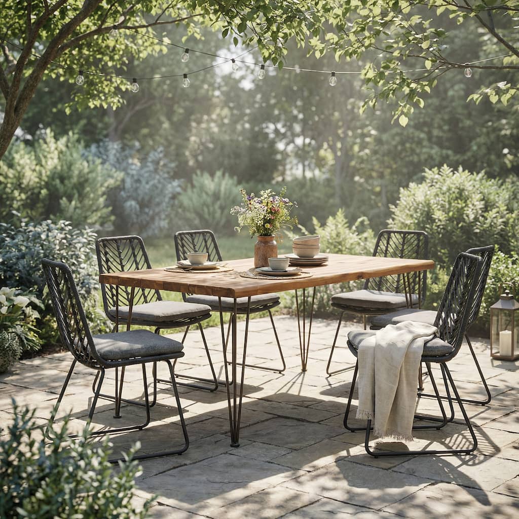 Christopher Knight Home - Mid-Century 7-Piece Acacia Wood & Rattan Outdoor Dining Set