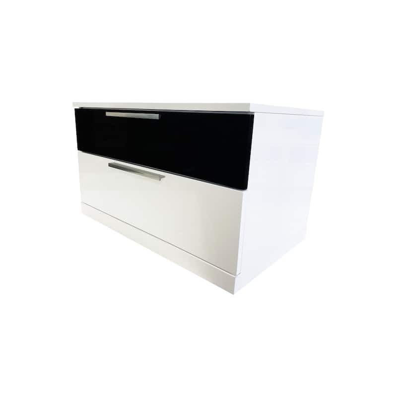 Two Drawer Nightstand in Black and White - High Gloss Modern Bedside Table with Metal Rails