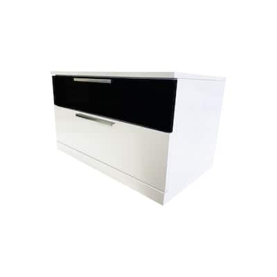 Two Drawer Nightstand in Black and White - High Gloss Modern Bedside Table with Metal Rails