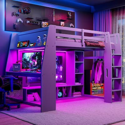 Full Size Pinewood Gaming Loft Bed with Desk, LED Lighting, Storage Shelves and Hanging Clothes Rack