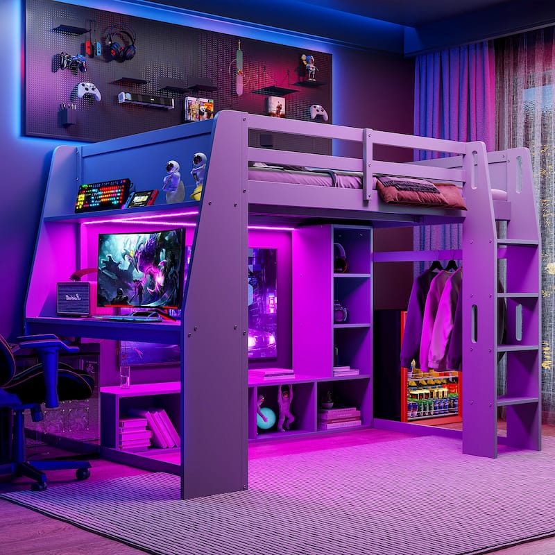 Wood Gaming Loft Bed with LED, Desk, Cabinets, Clothes Rack聽