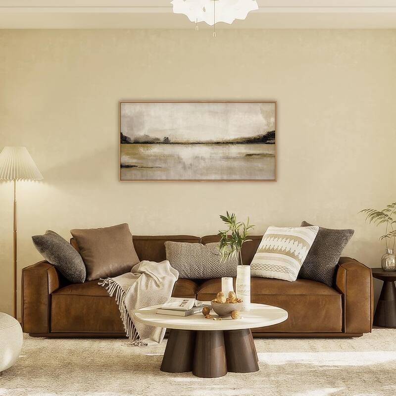 Abstrcat Mountain Lake Wall Decor, Neutral Tan Scenery Wall Painting