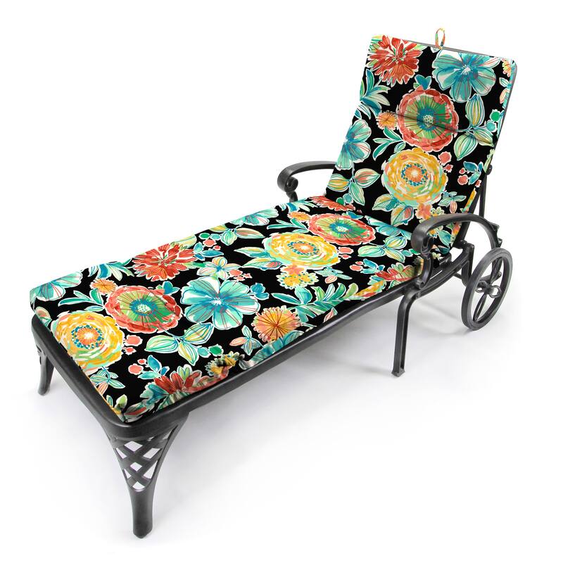 72" x 22" Black Floral Outdoor Chaise Lounge Cushion with Ties and Loop - 72'' L x 22'' W x 3.5'' H