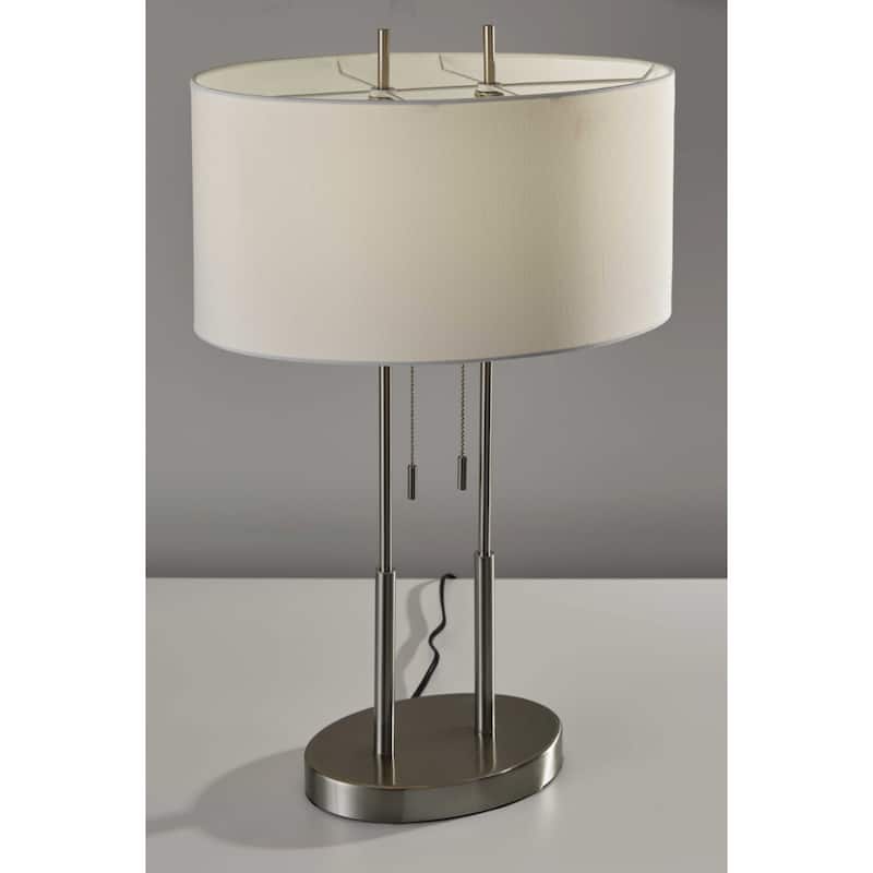 Silver Metal Base Bedside Table Lamp with Grey Linen Drum Shade Pull Chain - 6.5” x 17” x 27” (D x W x H)