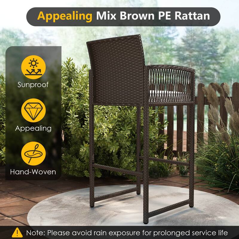 Costway 3 Piece Wicker Patio Bar Set with 2 Seat Cushions Glass - See Details
