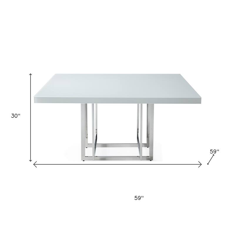 HomeRoots 59" White and Silver Wood and Metal Pedestal Base Square Dining Table - 59.00 in. x 30.00 in. x 59.00 in.