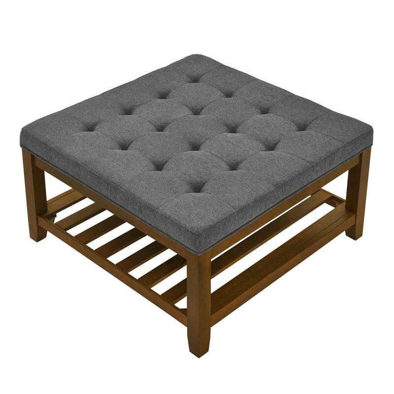 Upholstered Coffee Table Tufted Linen Large Square Ottoman with Beech Wood Shelf and Frame,Oversized Footrest Ottoman
