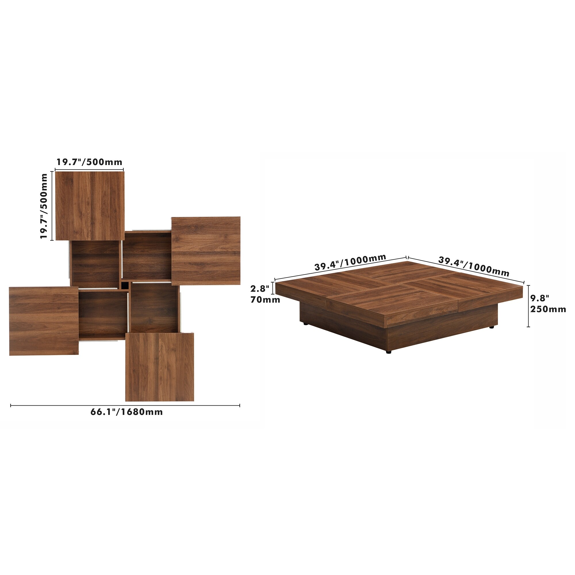 Marble or Wood Grain Veneer Top Square Coffee Table with