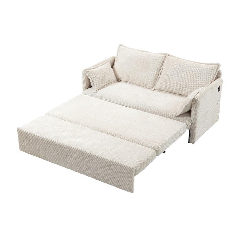 59.5" Loveseat Sofa Bed, Upholstered Pull-Out Sleeper Couch with Charging Ports Modern Convertible Couch for Small Spaces