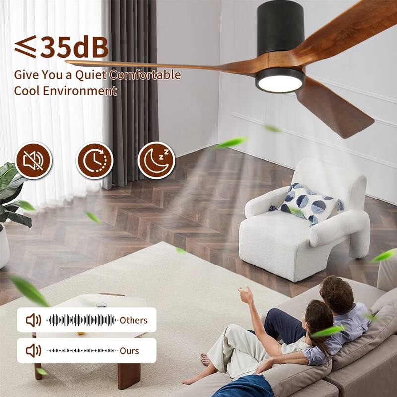 60" LED Flush Mount Ceiling Fan with Wood Blades, 6-Speed DC Remote Control