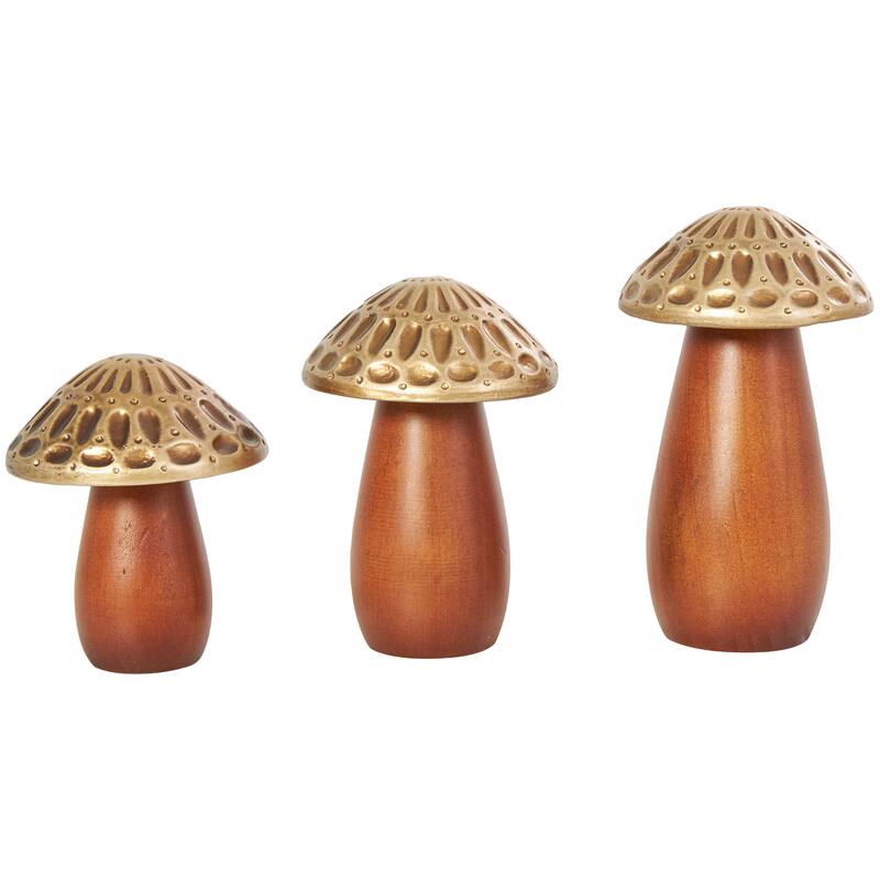 Brown Wood Mushroom Decorative Sculpture with Gold Tops and Groove Patterns (Set of 3)