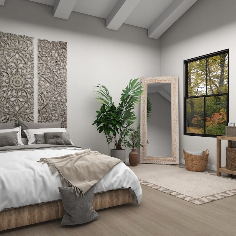 Mango Wood Scroll Vine Wall Mirror with Brown Carved Detail - White - Roche River Decor