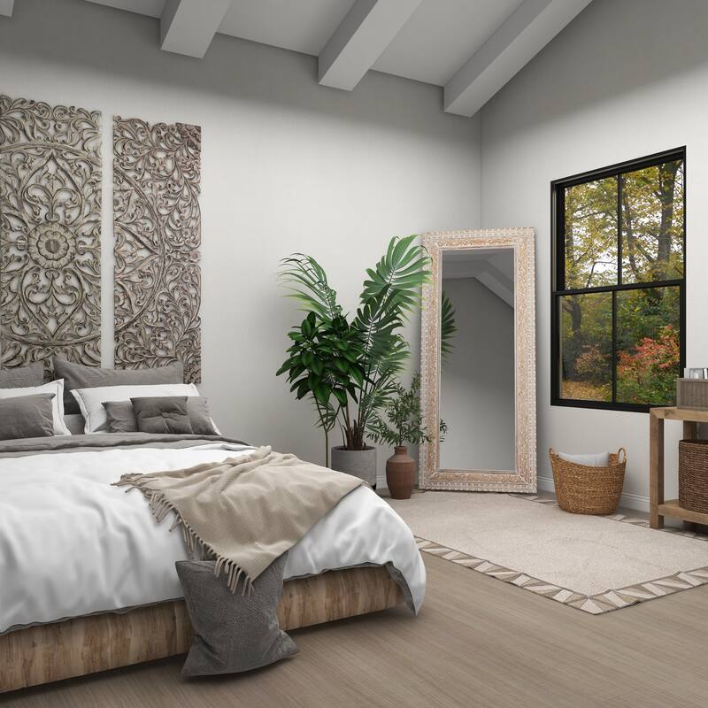 White Mango Wood Vine Scroll Room Wall Mirror with Brown Carved Detail