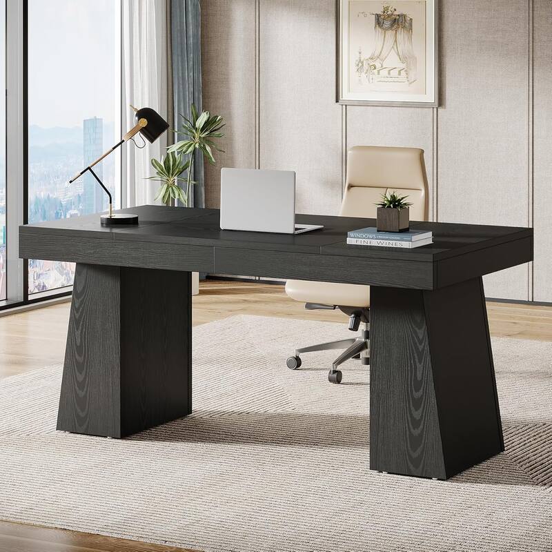 55 Inches Mid-Century Executive Desk with Double Trapezoid Base - Black