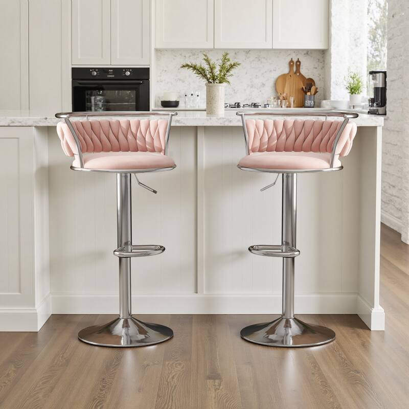 Velvet Upholstered Adjustable Bar Stool Swivel Counter Chair Set of 2 - Pink/Silver - Set of 2