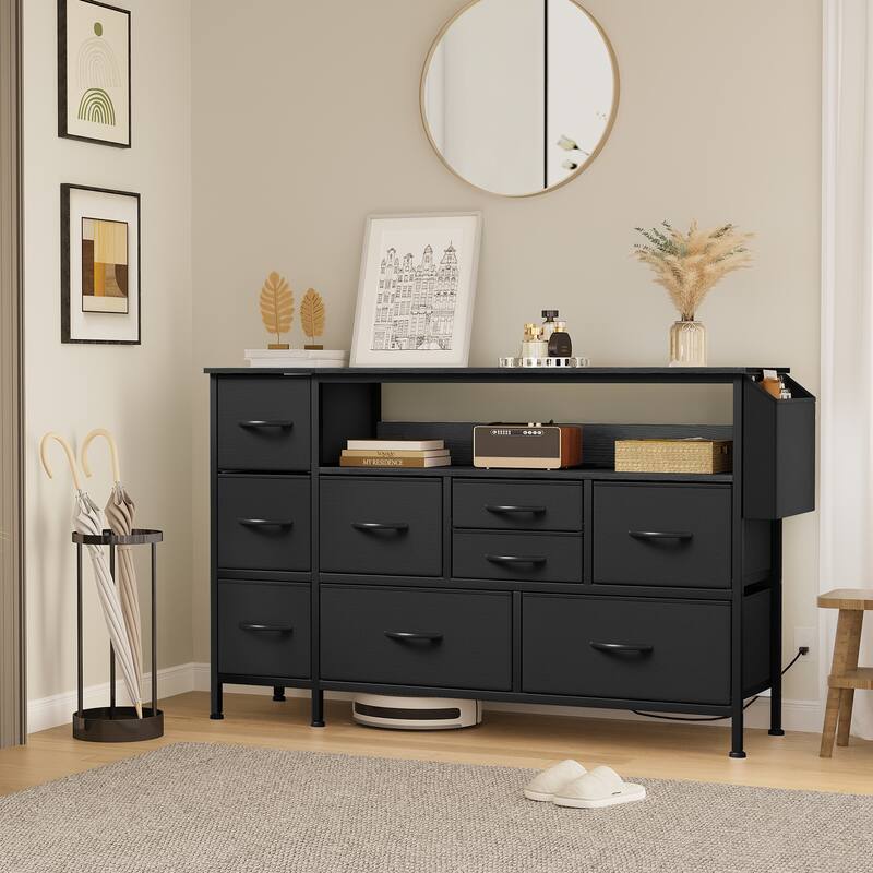Moasis 50"W 9-drawer Fabric Dresser, Media Console, TV Stand with Outlets, RGB Lights