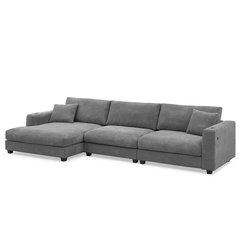 Corduroy Recliner Sofa with USB Charging and Cup Holders for Living or Guest Rooms