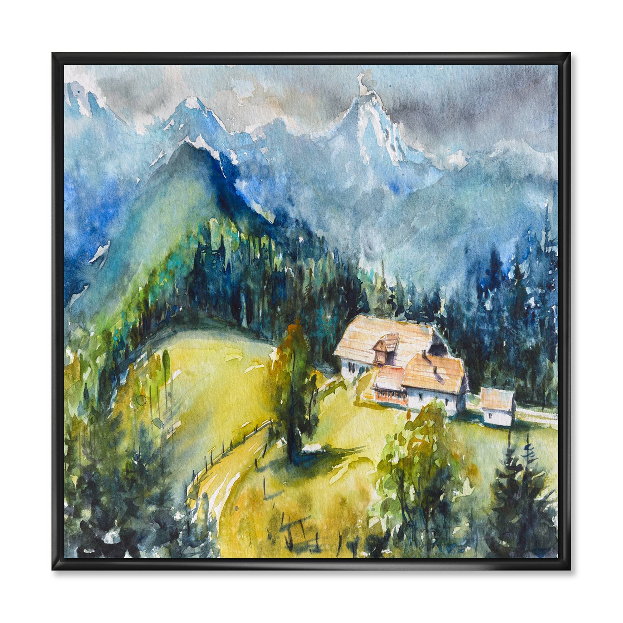 Designart "Mountain Ranges And Farm In Foreground" Country Framed