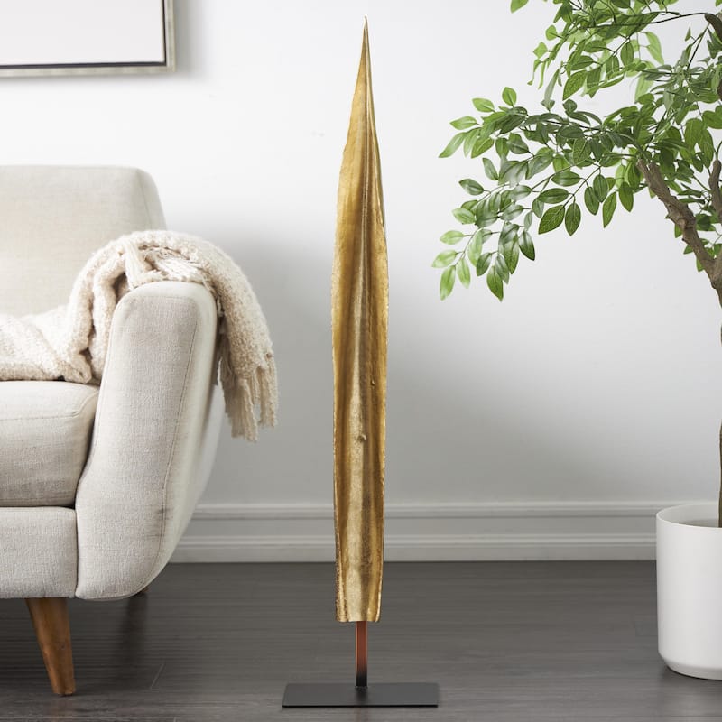Polystone Leaf Slim Abstract Decorative Sculpture with Black Metal Stand - Gold - Roche River Decor