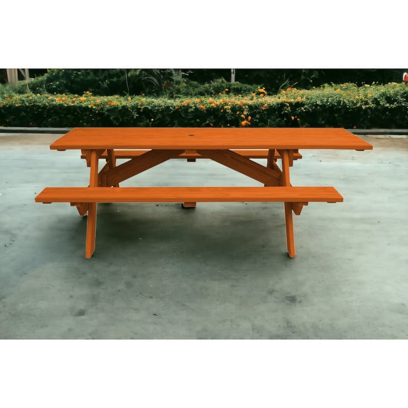HomeRoots 94" Redwood Solid Wood Outdoor Picnic Table with Umbrella Hole - Redwood
