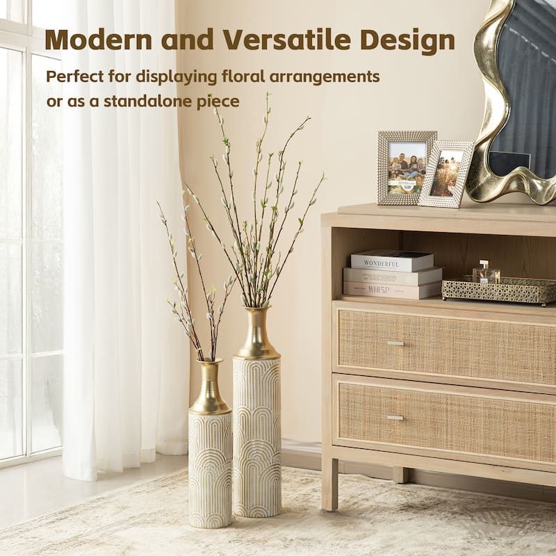 Glitzhome Set of 2 Modern White Black and Gold Metal Floor Vases Fall Thanksgiving Gifts