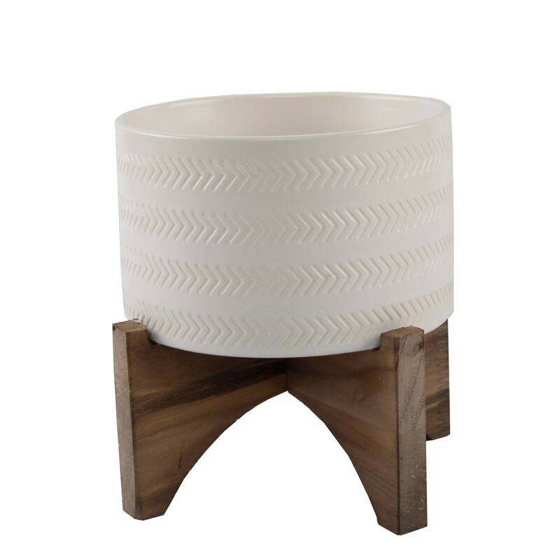 Mid-Century 5" Arrow Ceramic Planter on Wood Stand,Matte White - White