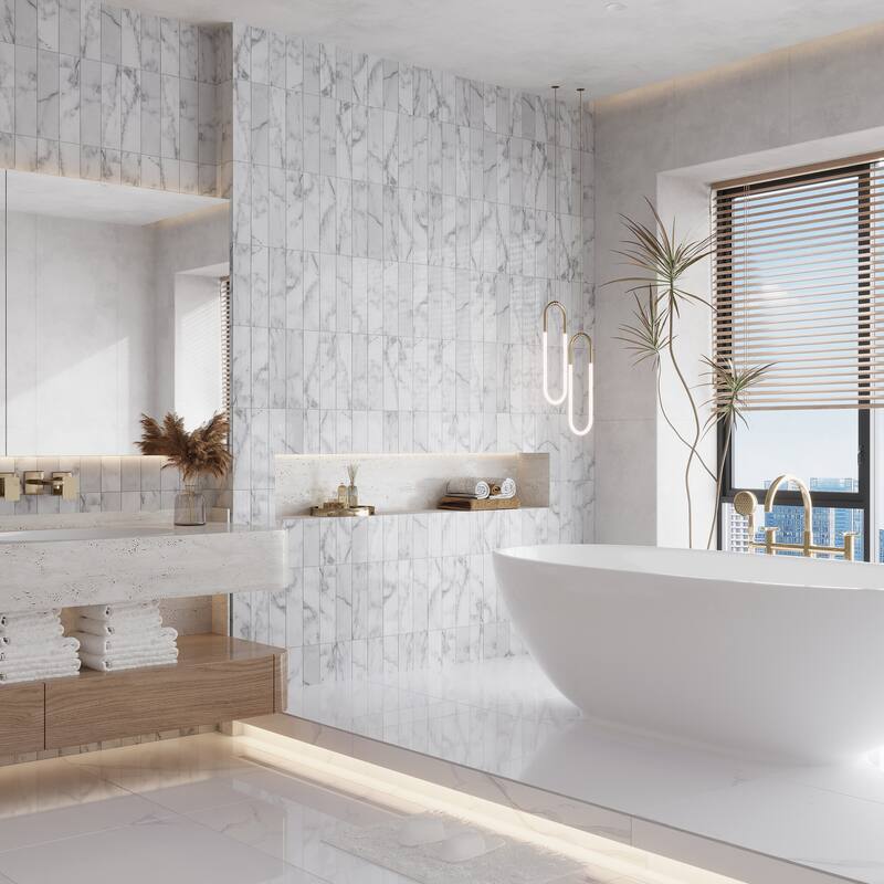 Artisana 3x12 in. Textured Etched Linear Wave Elongated Subway Wall and Floor Tile (5 sq ft/case, 20-Pack) - White