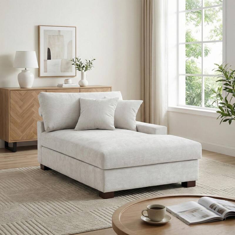 40.8"W Modern Chenille Upholstered Chaise Lounge with Pillow - Right Facing - Off White