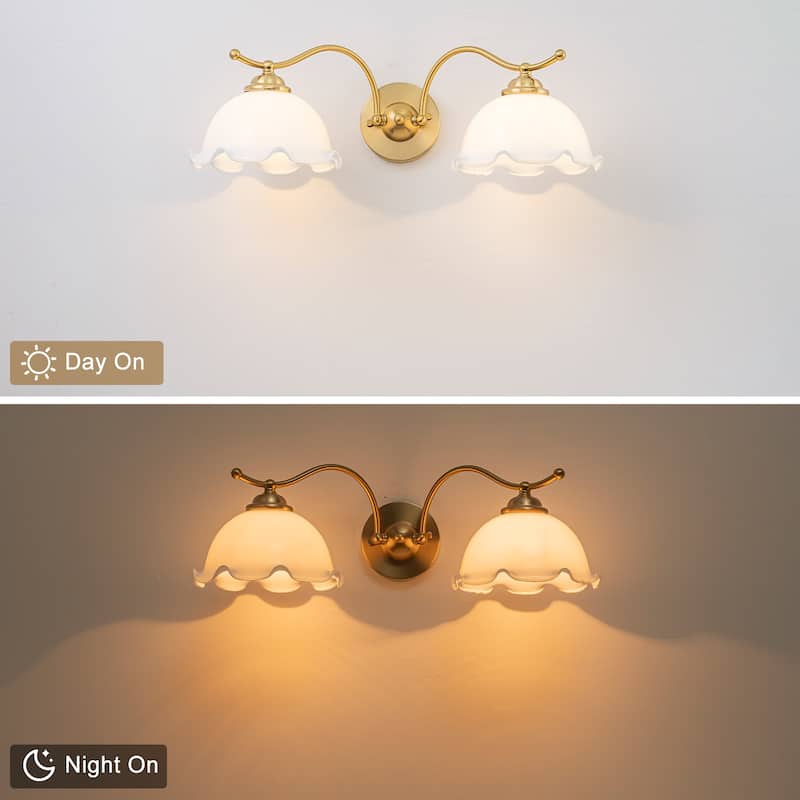2-Light Gold Metal Wall Sconce with Flower Milky White Glass Shades