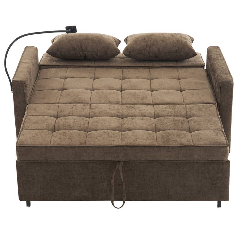 Loveseat Convertible Pull-out Sleeper Sofa Bed, with Reversible Backrest Cushion 2 USB Ports and Pockets Sleeper Couch