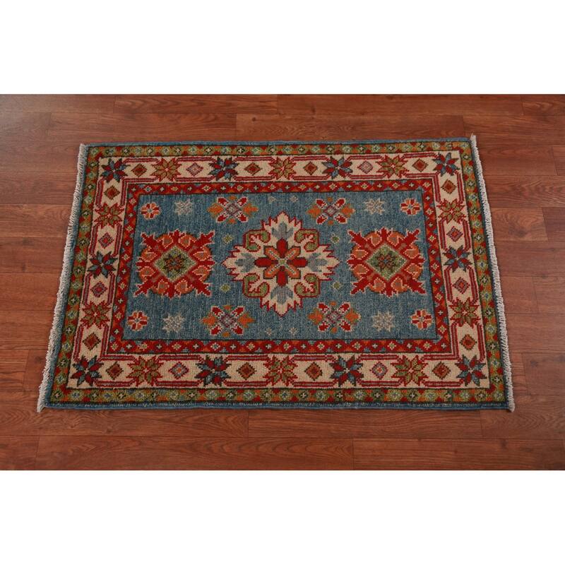 Light Blue Kazak Oriental Foyer Rug Hand-Knotted Wool Carpet - 2'0"x 3'0"