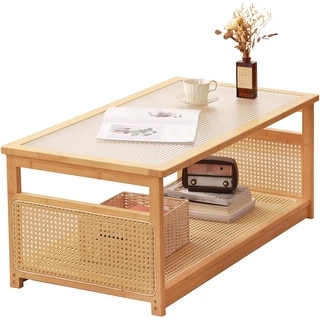 Mid Century Modern 2-Tier Coffee Table with Rattan & Glass, Rectangle ...
