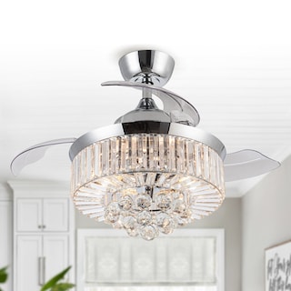 36" Modern Retractable 3-Blade Chrome Crystal Ceiling Fan with Remote - 36 Inches