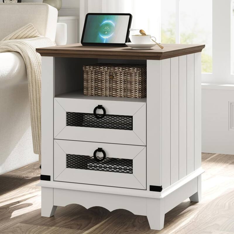 End Table Side Table with Charging Station and 2 Drawers