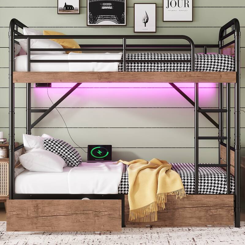 Detachable Bunk Bed Convertible 2 Beds, Black Metal Twin XL Over Twin XL Bed Frame with 2 Drawers, Lights and Charge Station