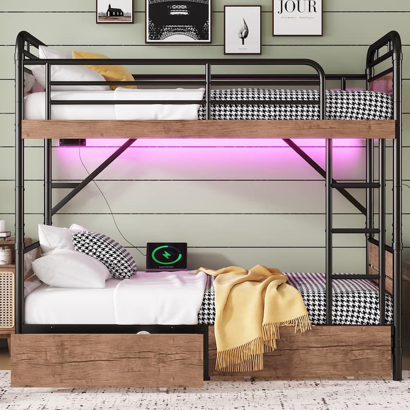 Metal Bunk Bed with USB Charging Station, LED Bunk Bed with 2 Storage Drawers, Safety Guardrail & Ladders