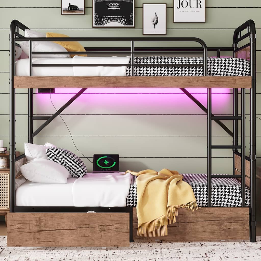 Twin XL over Twin XL Metal Bunk Bed, Detachable Bunk Bed Frame, Twin XL LED Bunk Bed Frame with Charging Station and 2 Drawers