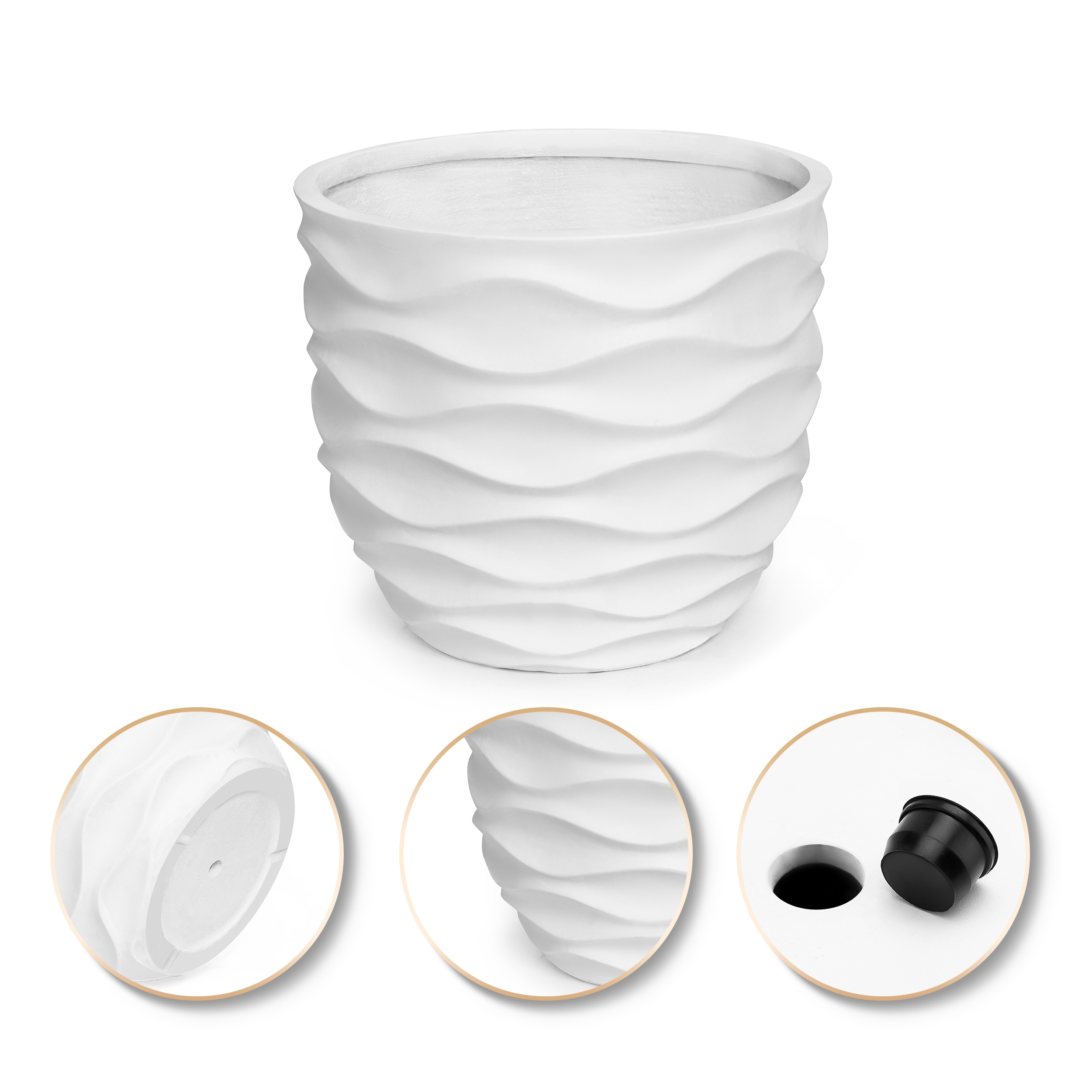 White Horizontal Waves Round MgO Indoor/Outdoor Planter - 11.61" H x 13.39" Diameter