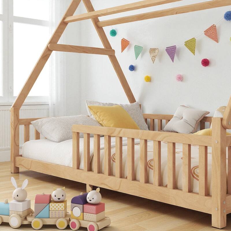 Twin/Full Size House Bed with LED Light and Fence, Wooden Low Floor Kids Bed Frame with Roof for Boys and Girls