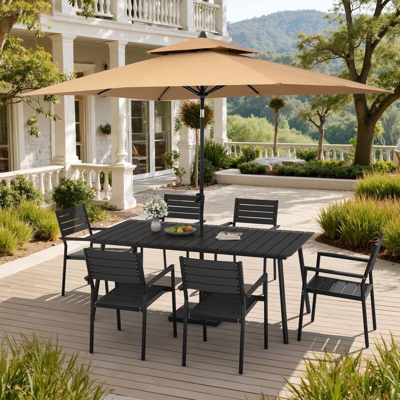 9PC Outdoor Patio Dining Set Aluminum Table with Stackable Armchairs w/ Market Umbrella Set - BlackTable&BlackChairs&TanUmbrella
