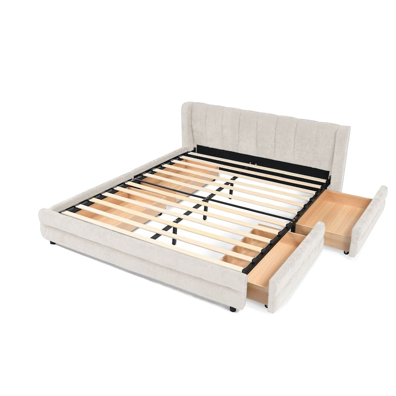 Thick Fabric Upholstered Bed Frame, Low Profile Storage Platform Bed with 4 Storage Drawers, Metal Legs and Wood Slat Support