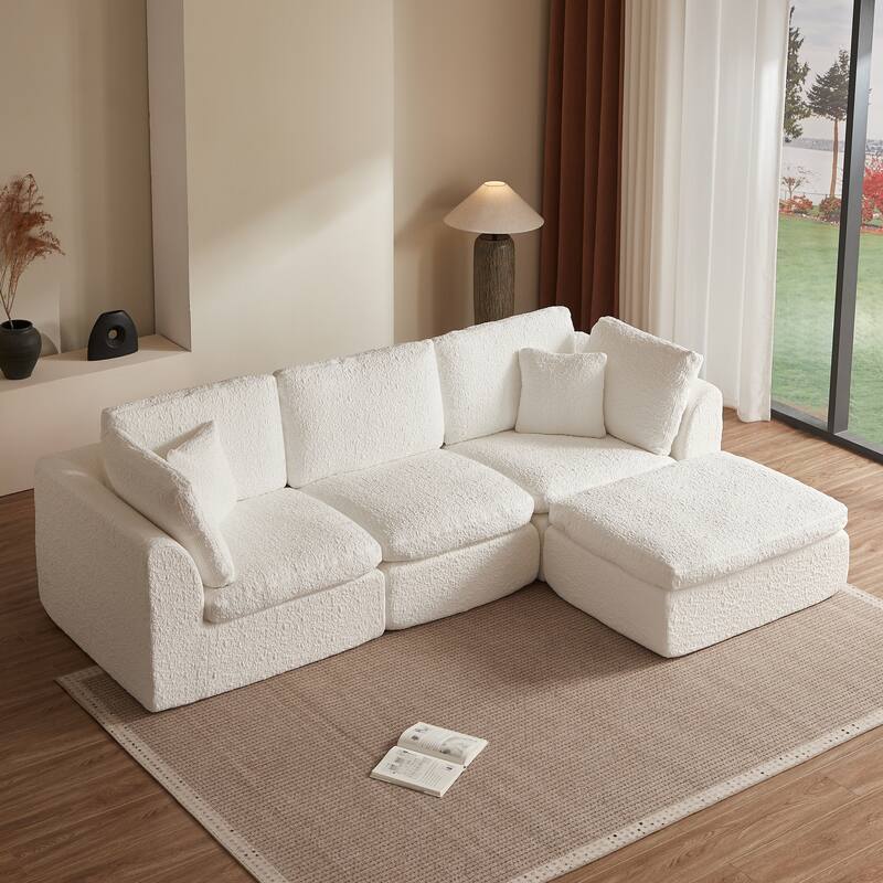 Floor Standing L-shaped Sectional Sofa Modular Deep Seat Couch Chenille Sleeper Sofa Bed with Ottoman Chaise Lounge and Pillows - White