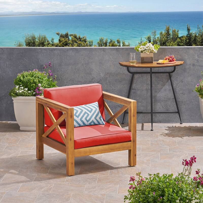 Mid Century Modern Acacia Wood Patio Club Chair - Red