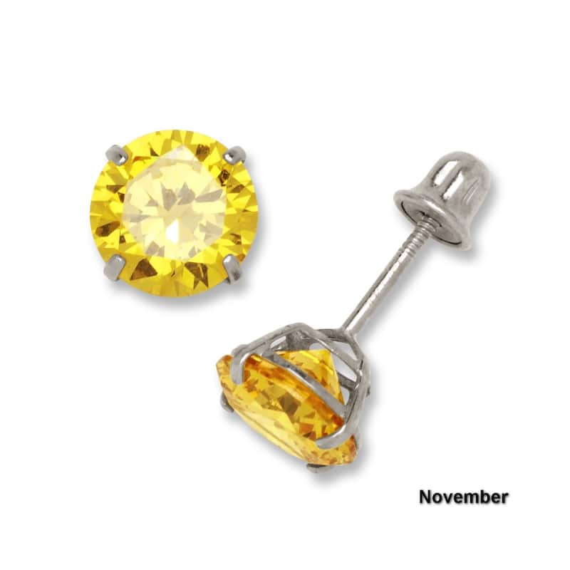 14K White Gold 6mm Round Cubic Zircornia Birthstone Basket-Set Solitaire Screw-back Stud Earrings (12 colors)