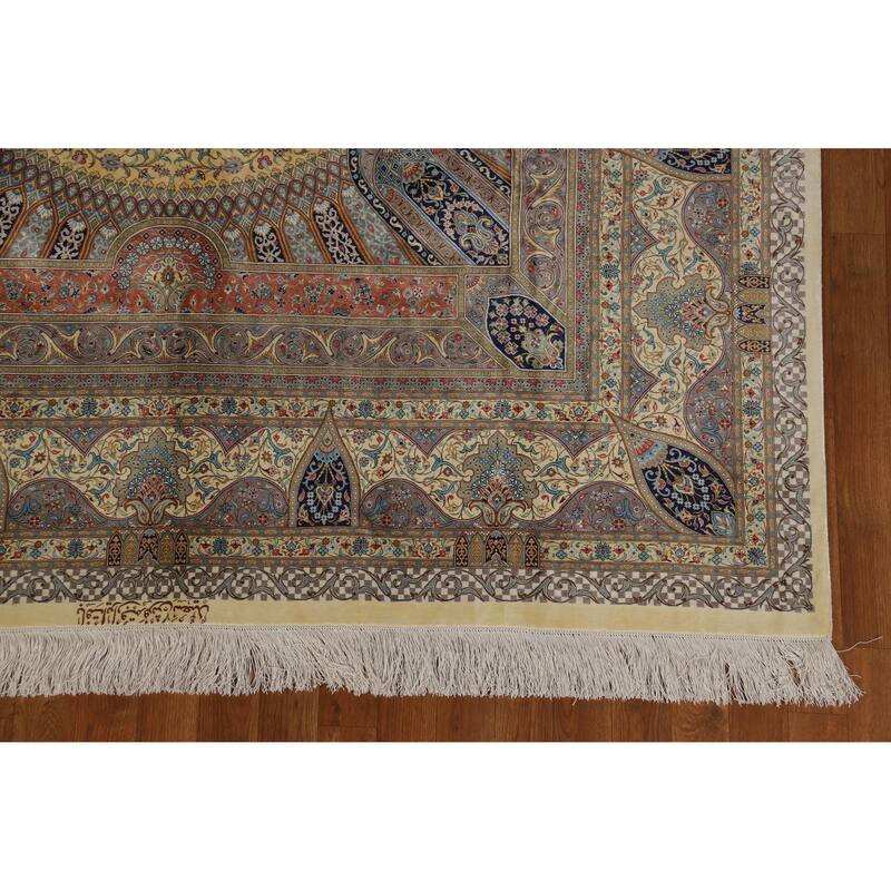 Hand Knotted Oriental 100% Silk Carpet Traditional Floral Yellow & Gold Qum Area Rug - 10' 2'' X 6' 5''