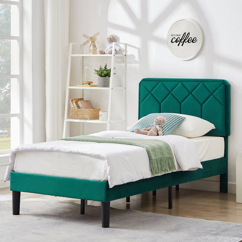 2 Pcs Upholstered Twin Size Platform Bed with Adjustable Headboard