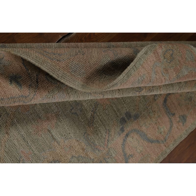 Vegetable Dye Green Oushak Turkish Runner Rug Handmade Wool Carpet - 3'2" x 12'0"