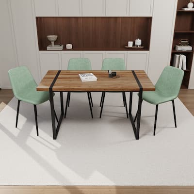 5-Piece Brown Dining Table Set with Suede Green Chairs and Black Metal Legs for Comfortable Seating